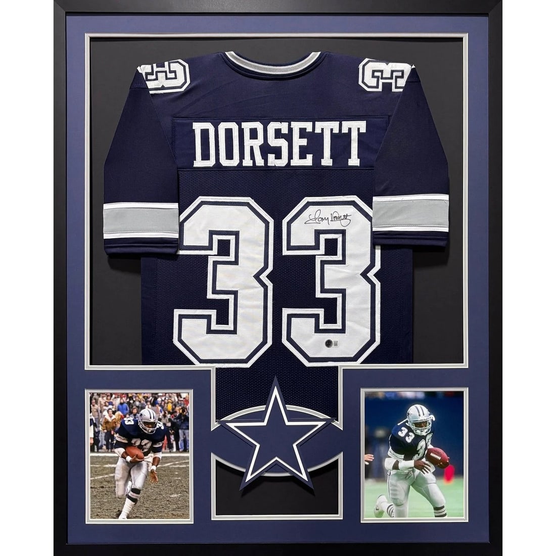 Framed Dallas Cowboys Jersey Signed by Tony Dorsett Beckett Authenticated: Framed Dallas Cowboys Jersey Signed by Tony Dorsett Beckett Authenticated This framed Dallas Cowboys jersey is autographed by Tony Dorsett and comes with authentication from Beckett, featuring a tampe