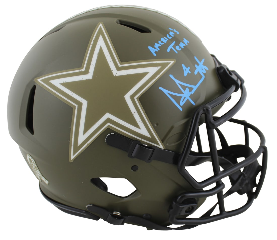 Dak Prescott Signed Dallas Cowboys Salute To Service Helmet BAS Witnessed: Dak Prescott Signed Dallas Cowboys Salute To Service Helmet BAS Witnessed This authentic full-size Speed Proline helmet features the inscription "America's Team" and has been personally signed by Dak
