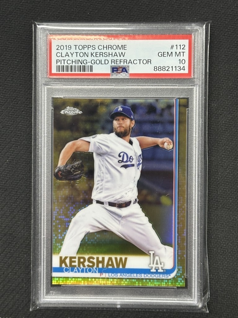 Clayton Kershaw 2019 Topps Chrome Gold Refractor PSA 10 #112 Dodgers: Clayton Kershaw 2019 Topps Chrome Gold Refractor PSA 10 #112 Dodgers This 2019 Topps Chrome Gold Refractor baseball card features Clayton Kershaw, a star pitcher for the Los Angeles Dodgers. Graded by