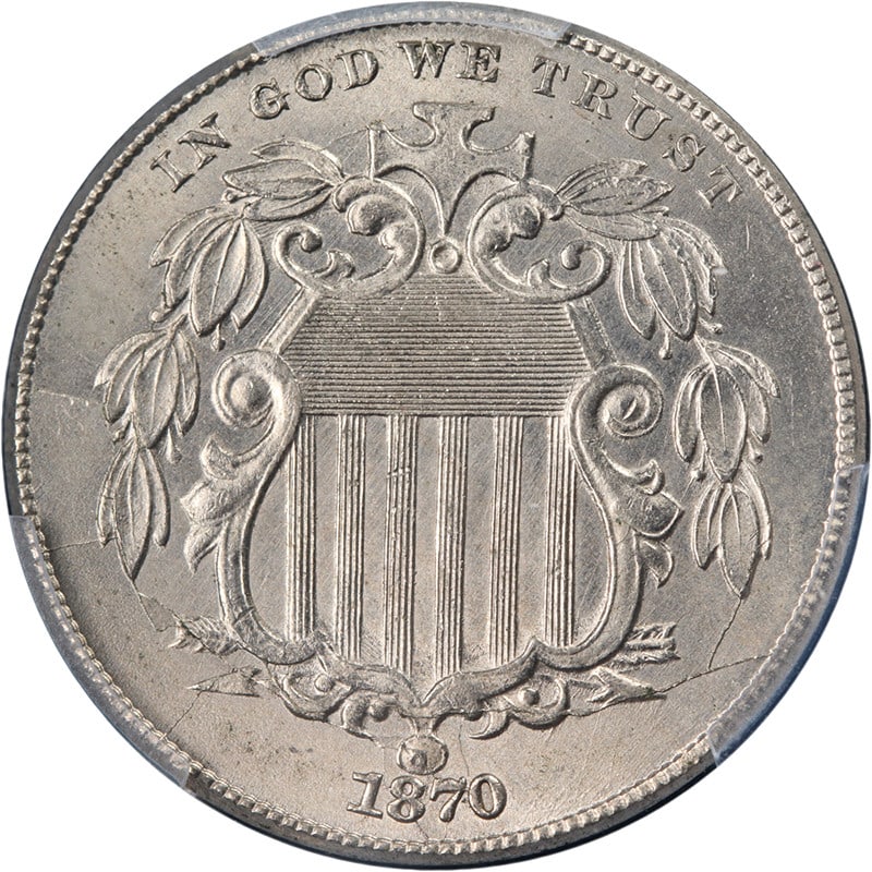 PCGS MS63 1870 Shield Nickel With CAC Sticker Uncirculated: PCGS MS63 1870 Shield Nickel With CAC Sticker Uncirculated This original 1870 Shield Nickel, certified by PCGS with a grade of MS63 and a CAC sticker, features excellent eye appeal, outstanding luster