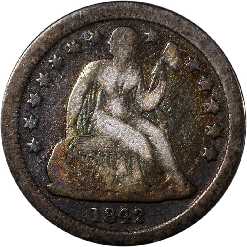 1842 New Orleans Mint Silver Seated Liberty Dime United States Coin: 1842 New Orleans Mint Silver Seated Liberty Dime United States Coin This is an 1842-O Seated Liberty Dime minted in New Orleans. The coin is composed of silver and has been circulated. It is uncertifi