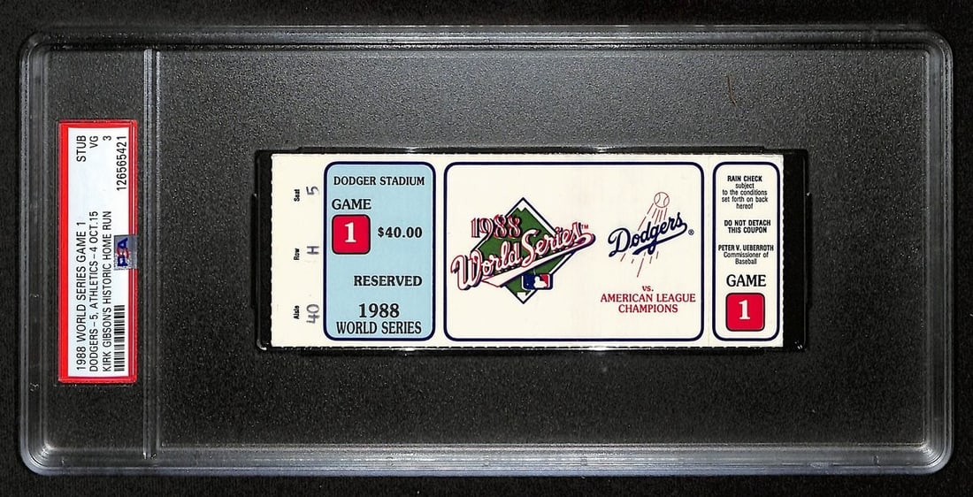 1988 World Series Game 1 Ticket Stub Dodgers vs A's PSA VG 3: 1988 World Series Game 1 Ticket Stub Dodgers vs A's PSA VG 3 Offered is an original 1988 World Series Game 1 ticket stub from the matchup between the Los Angeles Dodgers and the Oakland Athletics, fea