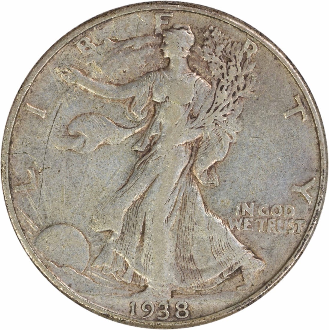 EF Grade 1938 Denver Walking Liberty Silver Half Dollar Uncertified: EF Grade 1938 Denver Walking Liberty Silver Half Dollar Uncertified This 1938-D Walking Liberty Half Dollar features the iconic Liberty Walking design by Adolph Alexander Weinman. Struck at the Denver
