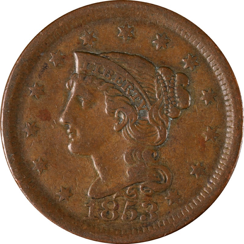 1853 United States Copper Large Cent Circulated Uncertified: 1853 United States Copper Large Cent Circulated Uncertified This is an 1853 Large Cent from the United States, composed of copper. The coin is circulated and uncertified, and is considered pre-owned.
