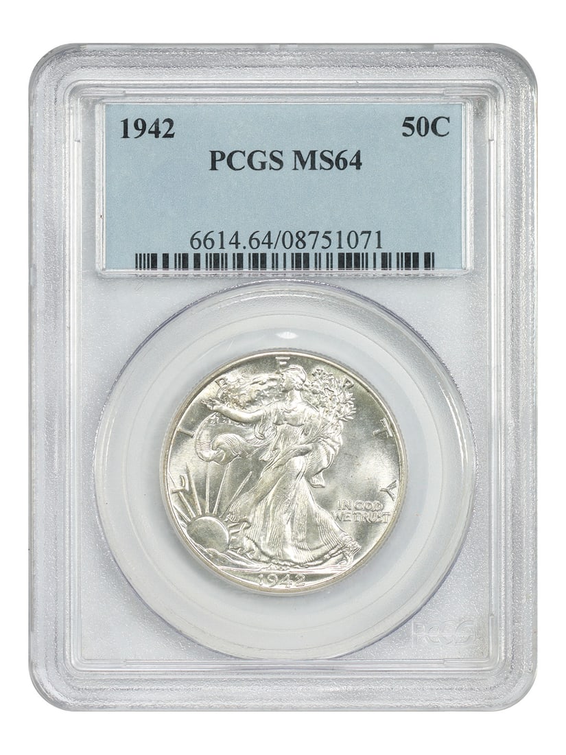 Walking Liberty 1942 Half Dollar PCGS MS64 Philadelphia Mint: Walking Liberty 1942 Half Dollar PCGS MS64 Philadelphia Mint This 1942 Walking Liberty Half Dollar features a beautiful design and has been graded MS64 by PCGS, indicating a high-quality, uncirculated