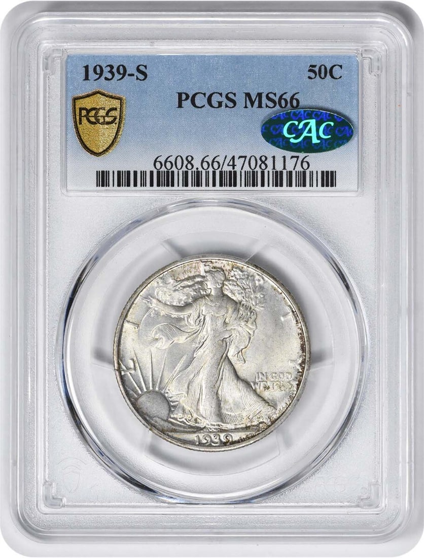 1939-S Walking Liberty Half Dollar MS66 PCGS CAC 90% Silver: 1939-S Walking Liberty Half Dollar MS66 PCGS CAC 90% Silver This 1939-S Walking Liberty Silver Half Dollar is a remarkable example of American coinage, graded MS66 by PCGS, indicating its exceptional