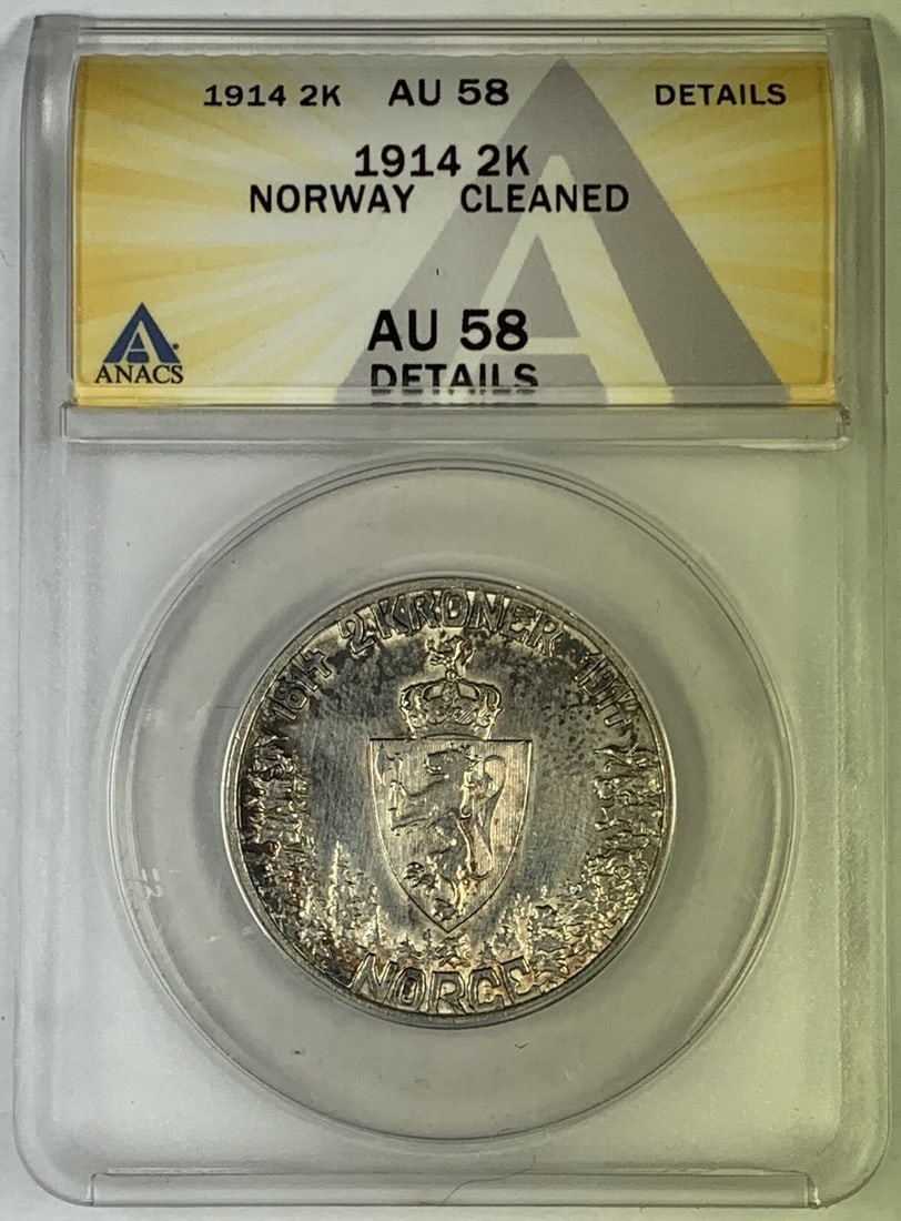 Norway 1914 2 Kroner ANACS AU 58 Certified Coin Cleaned: Norway 1914 2 Kroner ANACS AU 58 Certified Coin Cleaned This 1914 2 Kroner coin from Norway is certified by ANACS with a grade of AU 58 and has been cleaned. It is a pre-owned collectible featuring th