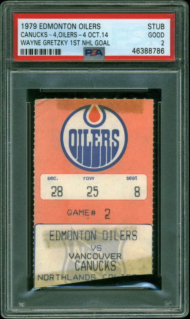 Wayne Gretzky 1st NHL Goal Ticket Stub PSA 2 Edmonton Oilers: Wayne Gretzky 1st NHL Goal Ticket Stub PSA 2 Edmonton Oilers Celebrate a pivotal moment in hockey history with this original ticket stub from Wayne Gretzky's first NHL goal, scored on October 14, 1979