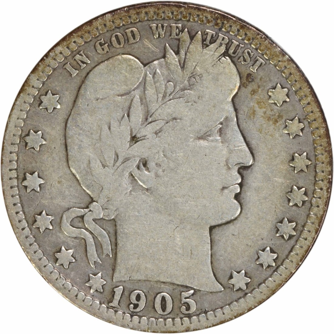 1905 Barber Quarter 25C F Uncertified 90% Silver Philadelphia Mint: 1905 Barber Quarter 25C F Uncertified 90% Silver Philadelphia Mint This 1905 Barber Silver Quarter is a classic piece of American coinage, featuring the distinguished design by Charles E. Barber. Mint
