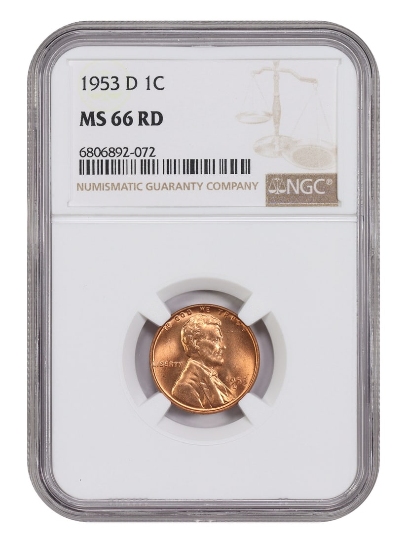 1953-D Lincoln Wheat Cent NGC MS66 Red Uncirculated: 1953-D Lincoln Wheat Cent NGC MS66 Red Uncirculated This is a 1953-D Lincoln Cent (Wheat Reverse) graded MS66RD by NGC. The coin is uncirculated and features a red designation. It was struck at the De