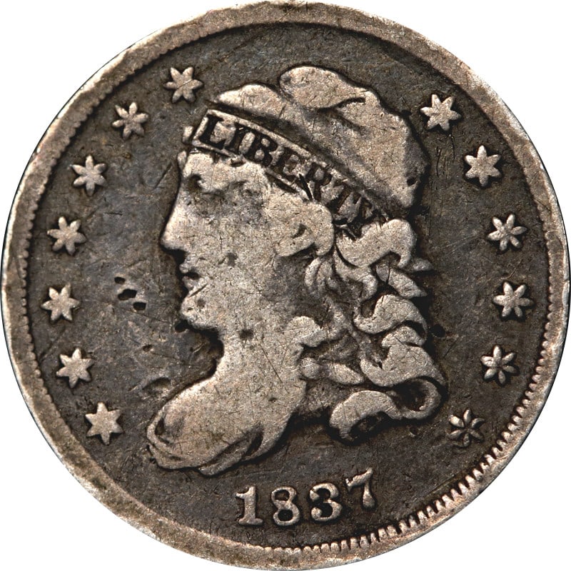 1837 Silver Half Dime United States Bust Design Coin: 1837 Silver Half Dime United States Bust Design Coin This 1837 Bust Half Dime is a circulated, pre-owned coin from the United States. Minted in 1837, it is composed of 90% silver and is uncertified. S