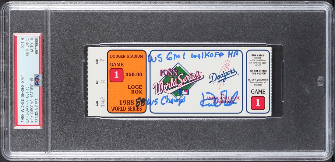 Kirk Gibson Signed 1988 WS Game 1 Ticket PSA 10 Dodgers Inscription: Kirk Gibson Signed 1988 WS Game 1 Ticket PSA 10 Dodgers Inscription Celebrate a historic moment in baseball with this original 1988 World Series Game 1 ticket stub, personally signed by Los Angeles Do