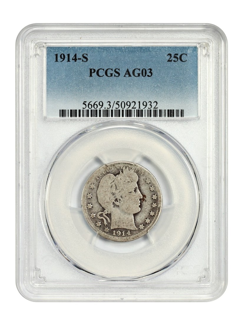 San Francisco 1914-S Barber Quarter PCGS AG03 Key Date 25C Coin: San Francisco 1914-S Barber Quarter PCGS AG03 Key Date 25C Coin This 1914-S Barber Quarter is a circulated coin graded AG03 by PCGS. Minted in San Francisco, it is a highly sought-after and scarce dat