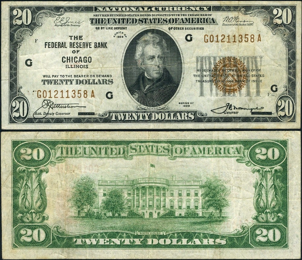1929 $20 Chicago Federal Reserve Bank Note FR 1870G VF Plus: 1929 $20 Chicago Federal Reserve Bank Note FR 1870G VF Plus This is a 1929 $20 Federal Reserve Bank Note from the Chicago block, cataloged as FR. 1870 G. The note is circulated and graded VF+ (Very Fi