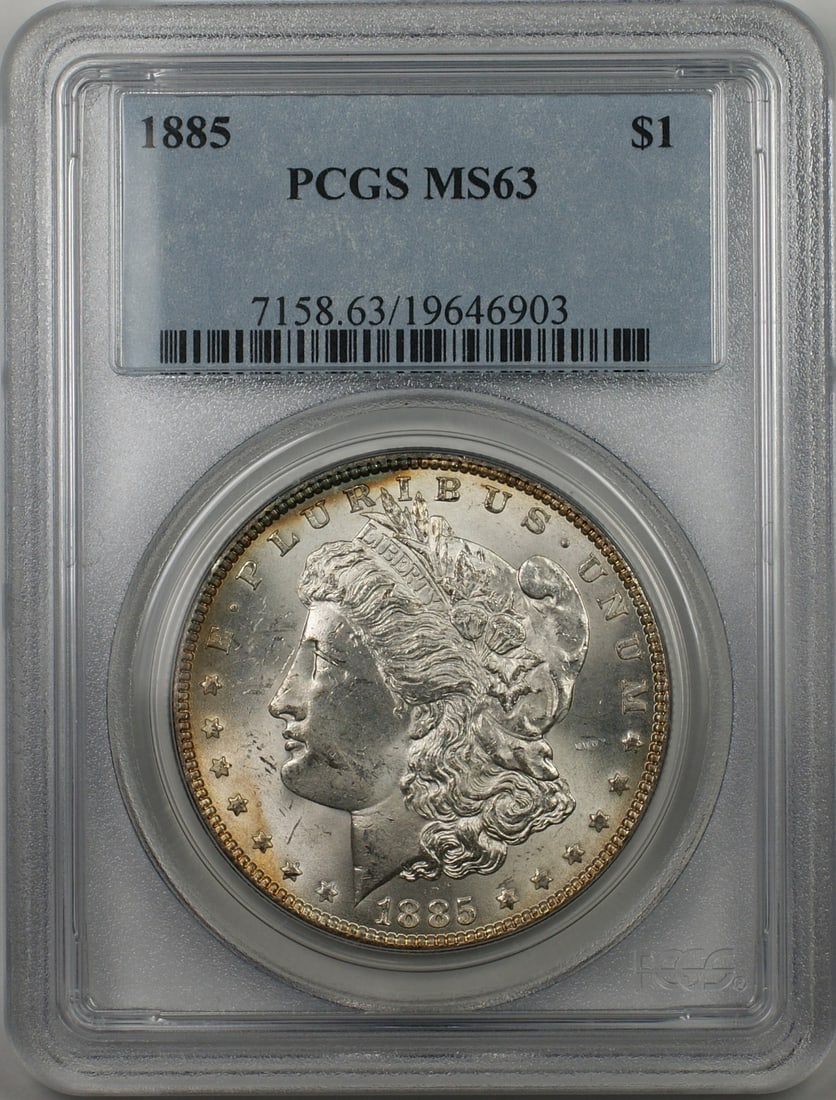 PCGS MS 63 1885 Philadelphia Morgan Silver Dollar $1 Coin: PCGS MS 63 1885 Philadelphia Morgan Silver Dollar $1 Coin This 1885 Morgan Silver Dollar is a $1 coin struck at the Philadelphia Mint. Certified by PCGS with a grade of MS 63, it is uncirculated and c