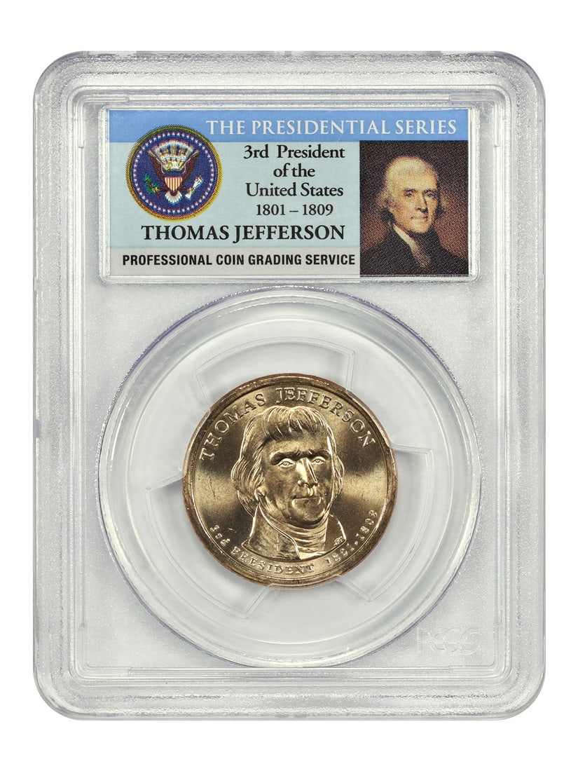 Thomas Jefferson 2007 Philadelphia Dollar PCGS MS66 First Day Issue Position A: Thomas Jefferson 2007 Philadelphia Dollar PCGS MS66 First Day Issue Position A This 2007-P Thomas Jefferson $1 coin is a Presidential Dollar graded MS66 by PCGS. Struck at the Philadelphia Mint, it is