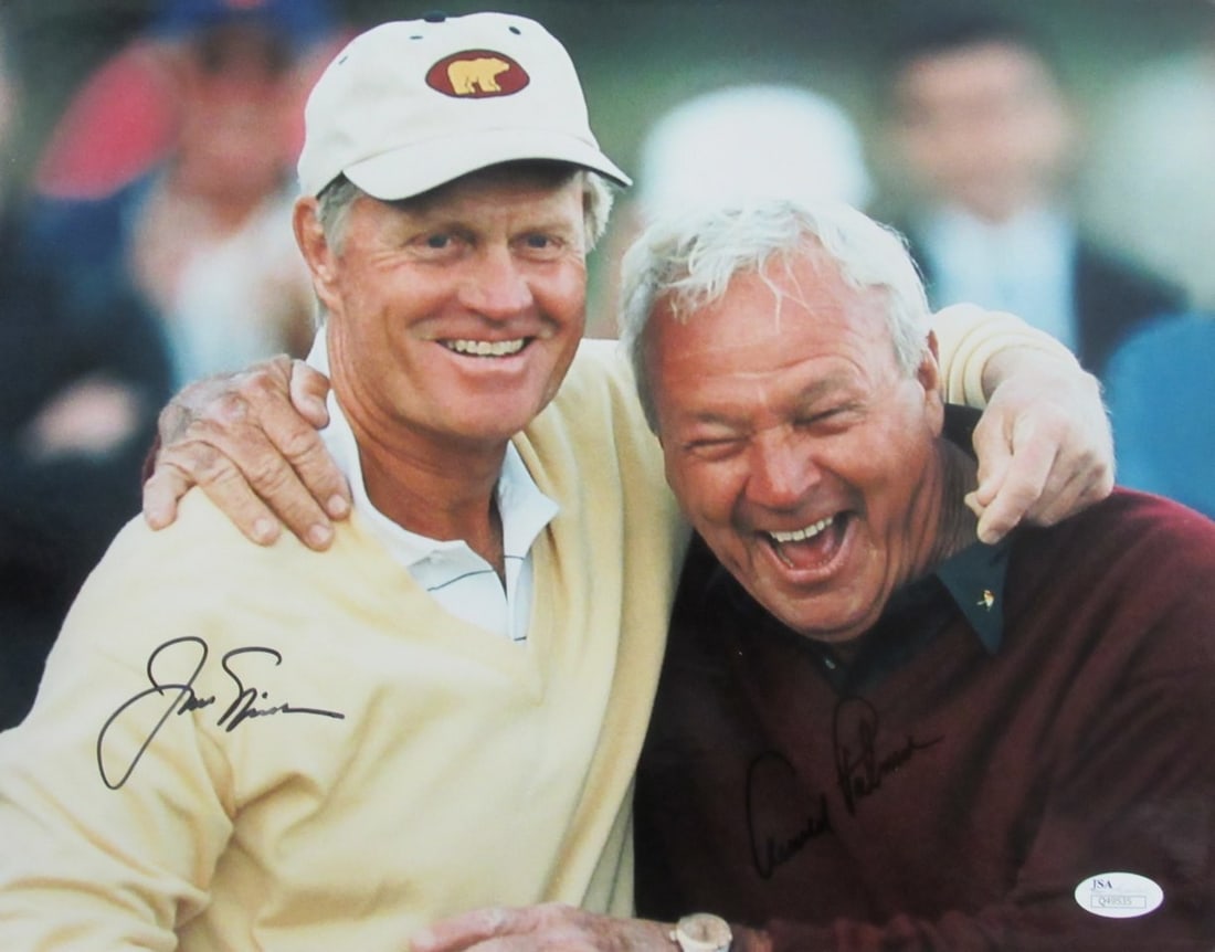 Jack Nicklaus Arnold Palmer Dual-Signed 11x14 Photo JSA Authenticated: Jack Nicklaus Arnold Palmer Dual-Signed 11x14 Photo JSA Authenticated This is an original 11x14 photo featuring dual signatures from golf legends Jack Nicklaus and Arnold Palmer. The photo is authenti