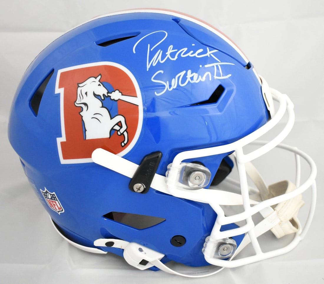 Denver Broncos SpeedFlex Full Size Helmet Signed by Patrick Surtain II Beckett Holo: Denver Broncos SpeedFlex Full Size Helmet Signed by Patrick Surtain II Beckett Holo This is a pre-owned Denver Broncos full-size SpeedFlex helmet autographed by Patrick Surtain II. The helmet is an or