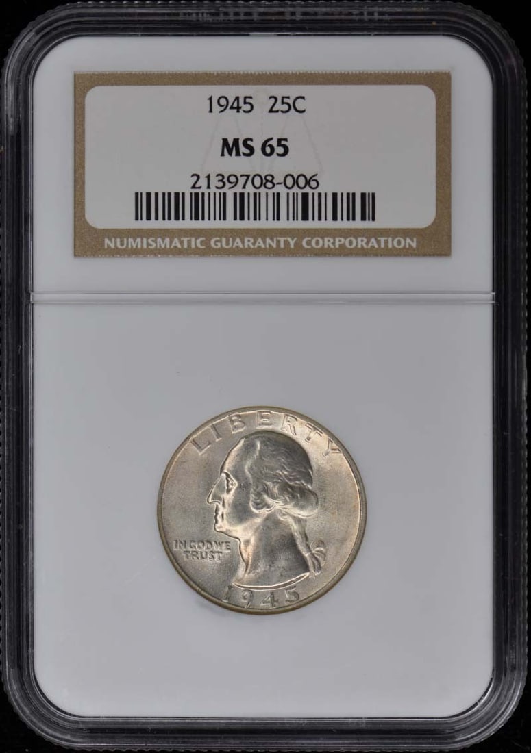 1945 Washington Quarter NGC MS65 Uncirculated Philadelphia Mint: 1945 Washington Quarter NGC MS65 Uncirculated Philadelphia Mint This 1945 Washington Quarter, graded MS65 by NGC, is a remarkable piece for collectors. The coin is uncirculated, showcasing its pristin