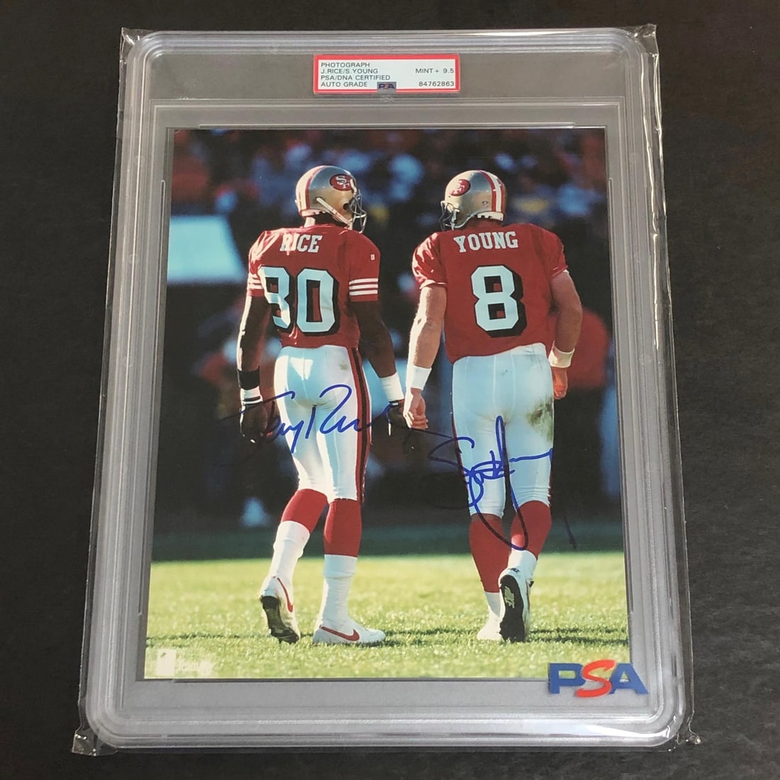 Jerry Rice Steve Young Signed 8x10 Photo PSA/DNA Mint 49ers: Jerry Rice Steve Young Signed 8x10 Photo PSA/DNA Mint 49ers This is an original 8x10 encapsulated photo featuring autographs from NFL legends Jerry Rice and Steve Young, both prominent players of the