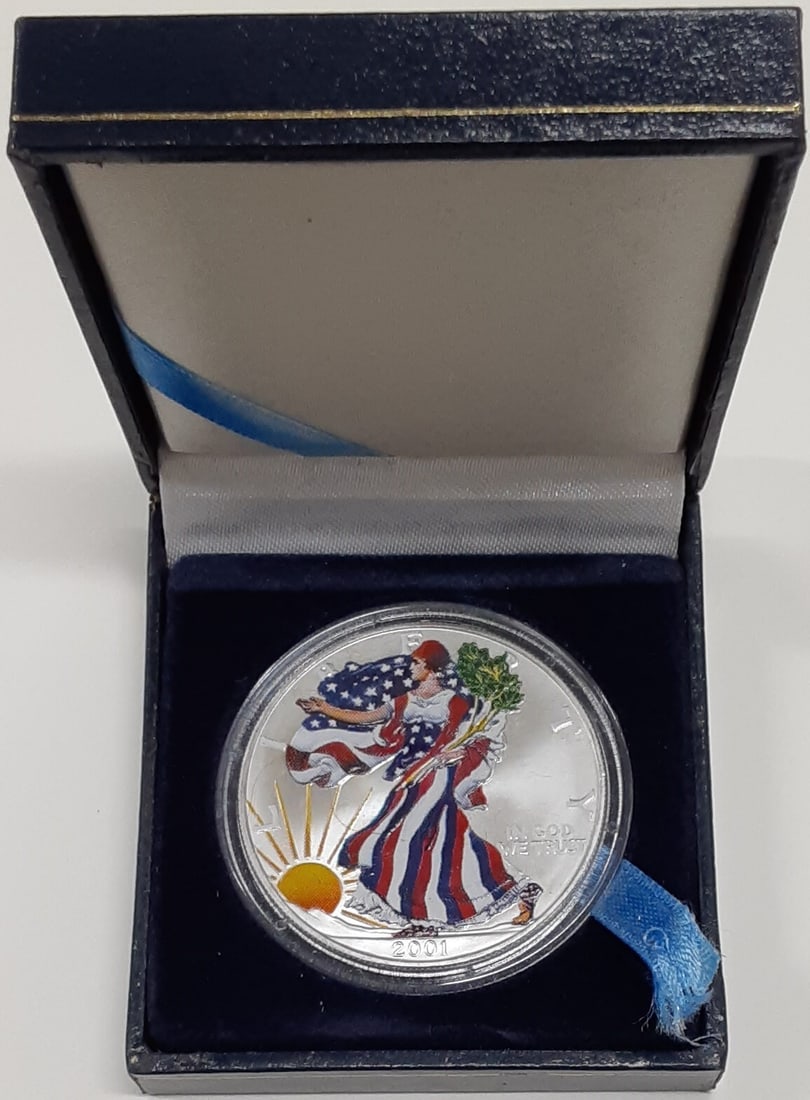 2001 Colorized Obverse Silver Eagle Uncirculated One Dollar .999 Fine Coin: 2001 Colorized Obverse Silver Eagle Uncirculated One Dollar .999 Fine Coin This 2001 American Silver Eagle is a one dollar coin struck from .999 fine silver with a weight of 1 troy ounce. It features