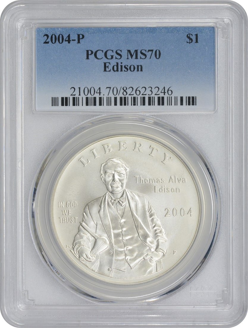 2004-P Edison Silver Dollar MS70 PCGS Commemorative Coin: 2004-P Edison Silver Dollar MS70 PCGS Commemorative Coin This 2004-P Edison Silver Commemorative Dollar is a stunning tribute to the renowned inventor Thomas Edison. Graded MS70 by PCGS, it is uncircu