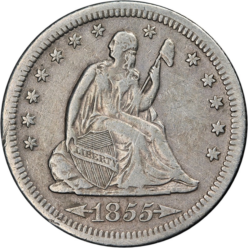 1855-S Seated Liberty Quarter Arrows XF Details Key Date Silver: 1855-S Seated Liberty Quarter Arrows XF Details Key Date Silver This 1855-S Seated Liberty Quarter 'Arrows' is a key date coin that showcases exceptional eye appeal and a nice strike. Graded as XF Det