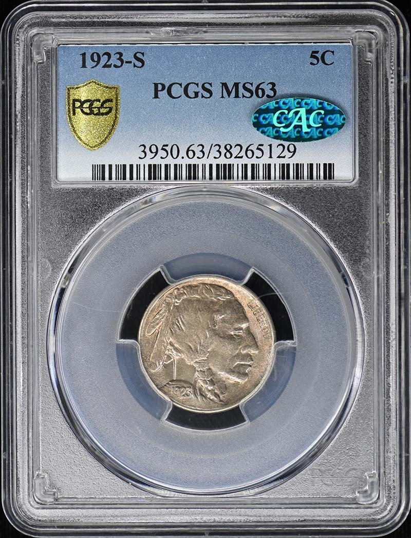 1923-S Buffalo Nickel PCGS MS63 CAC Uncirculated Coin: 1923-S Buffalo Nickel PCGS MS63 CAC Uncirculated Coin This 1923-S Buffalo Nickel is certified by PCGS with a grade of MS63, denoting its uncirculated condition. Struck at the San Francisco Mint, it fe
