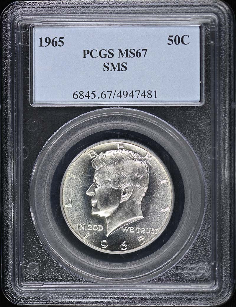 1965 Kennedy Half Dollar Silver Clad PCGS SP67 Uncirculated: 1965 Kennedy Half Dollar Silver Clad PCGS SP67 Uncirculated This 1965 Kennedy Half Dollar showcases a stunning uncirculated condition with a grade of SP67, certified by PCGS. This coin features the ic