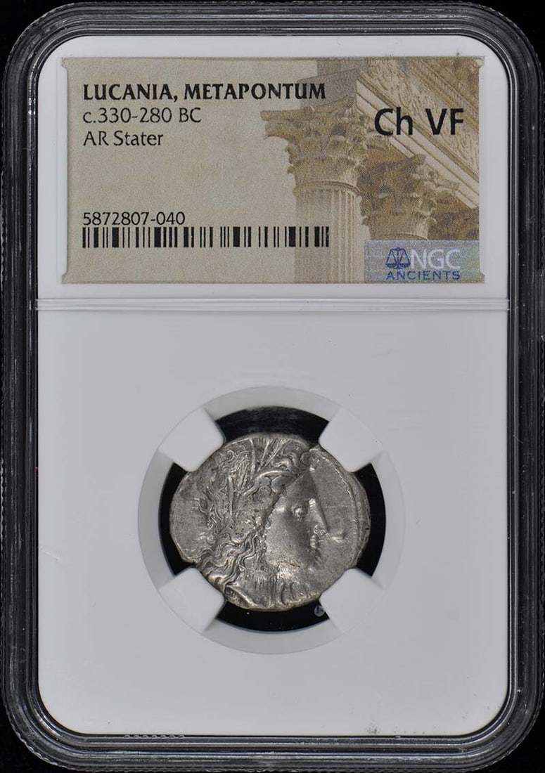 Ancient Greek Ar Stater Coin Metapontum Lucania c.330-280 BC NGC VF30: Ancient Greek Ar Stater Coin Metapontum Lucania c.330-280 BC NGC VF30 This ancient Greek coin is a Lucania Metapontum AR Stater, dating back to approximately 330-280 BC. It is certified by NGC with a