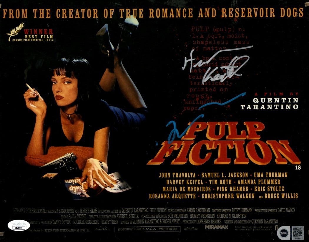 Pulp Fiction 11x14 Photo Autographed by Tarantino Keitel Whaley JSA: Pulp Fiction 11x14 Photo Autographed by Tarantino Keitel Whaley JSA This Pulp Fiction multi-autographed 11x14 photograph features the signatures of renowned individuals: Harvey Keitel, known for his r