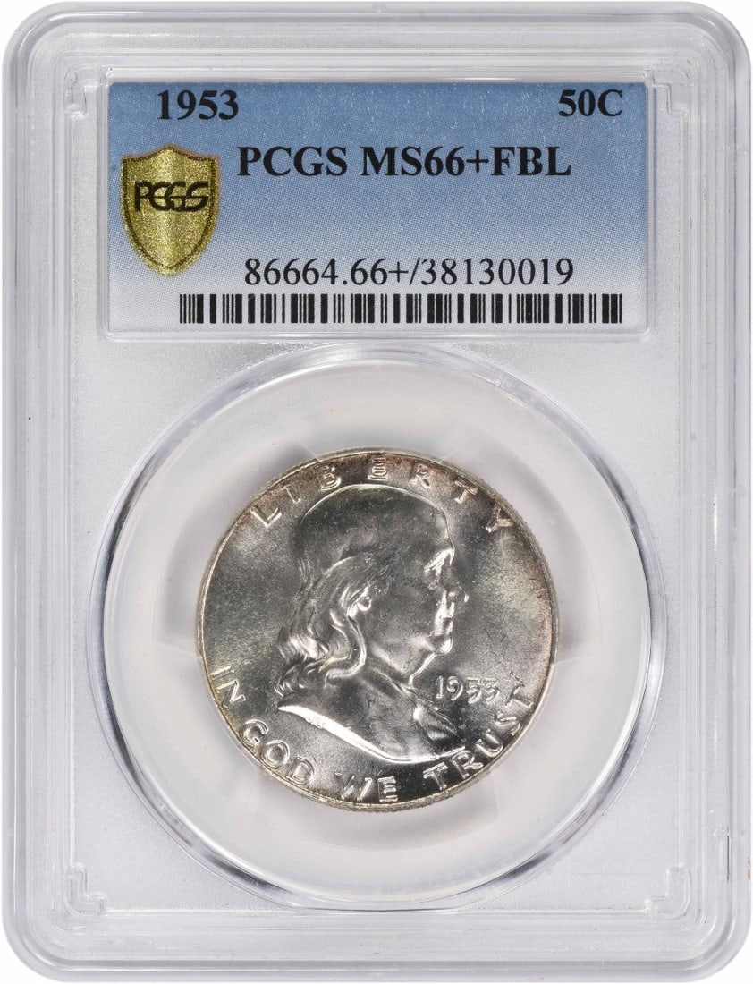1953 Franklin Half Dollar MS66+FBL Certified PCGS: 1953 Franklin Half Dollar MS66+FBL Certified PCGS This 1953 Franklin Silver Half Dollar is a remarkable piece of numismatic history. Graded MS66+FBL by PCGS, this coin is uncirculated and features the