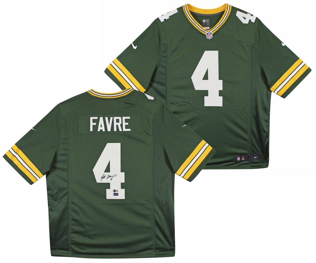 Brett Favre Signed Green Nike Game Jersey BAS Authenticated Green Bay Packers: Brett Favre Signed Green Nike Game Jersey BAS Authenticated Green Bay Packers This authentic Green Nike Game Jersey has been personally signed by Brett Favre, the legendary quarterback of the Green Ba