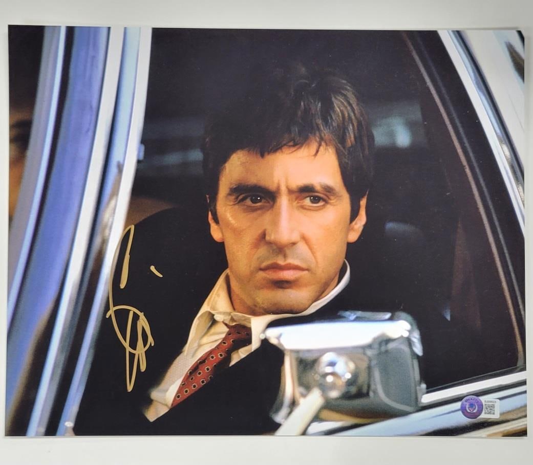 Al Pacino Autographed 11x14 Scarface Photo Beckett Authenticated: Al Pacino Autographed 11x14 Scarface Photo Beckett Authenticated This striking 11x14 photograph features the legendary Al Pacino, prominently signed in bold ink. It stands as an authentic piece of cin