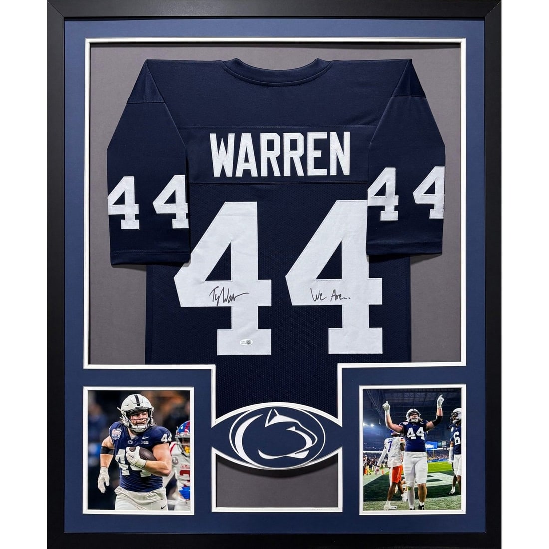Tyler Warren Signed Jersey Framed JSA Authenticated Penn State: Tyler Warren Signed Jersey Framed JSA Authenticated Penn State This autographed framed jersey of Tyler Warren from Penn State is a must-have for any sports memorabilia collector. Authenticated by JSA,