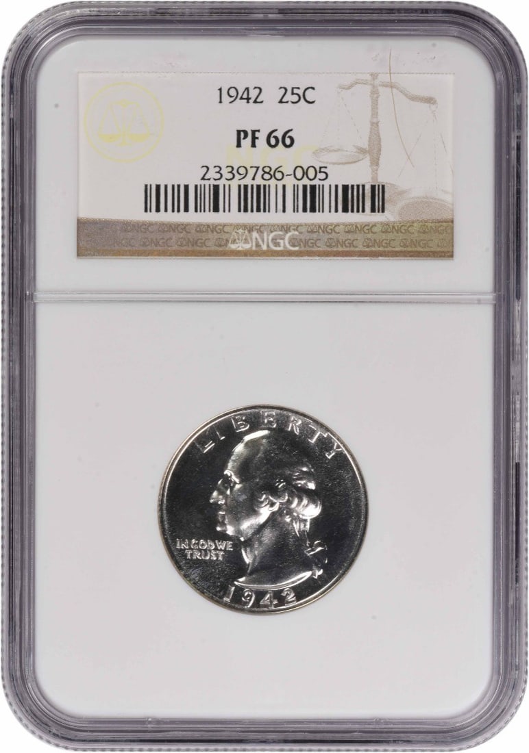 NGC PR66 1942 Proof Washington Quarter 90 Percent Silver: NGC PR66 1942 Proof Washington Quarter 90 Percent Silver This is a 1942 Washington Silver Quarter graded PR66 by NGC. Struck as a proof coin at the Philadelphia Mint, it features a composition of 90%