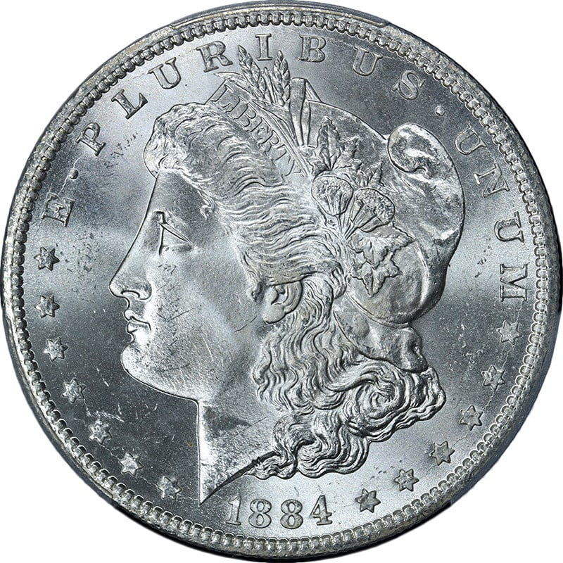 PCGS MS65 1884 Carson City Morgan Dollar Uncirculated Silver Coin: PCGS MS65 1884 Carson City Morgan Dollar Uncirculated Silver Coin This 1884-CC Morgan Silver Dollar is graded MS65 by PCGS and features outstanding eye appeal with a brilliant, blast white finish. The