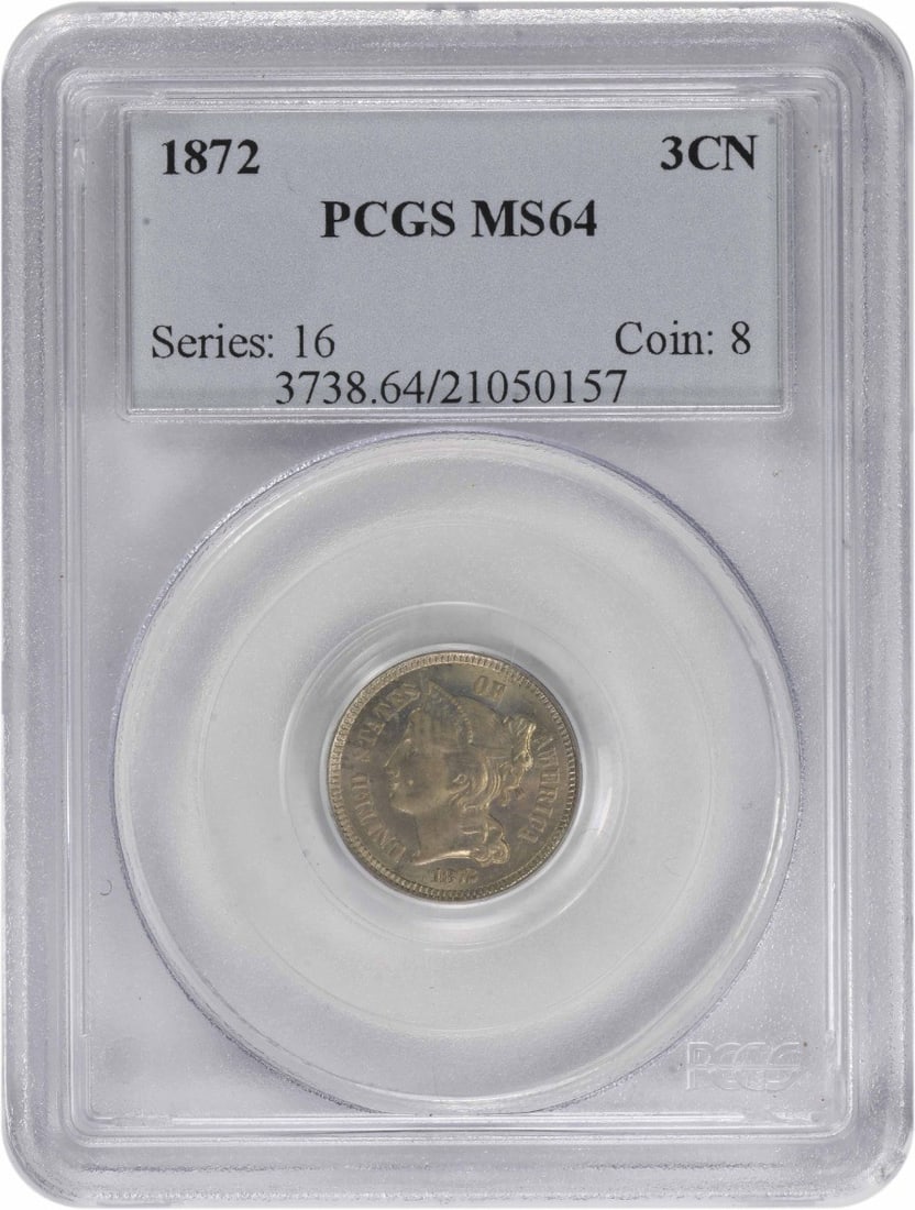 1872 Three Cent Nickel MS64 PCGS Uncirculated Philadelphia Mint: 1872 Three Cent Nickel MS64 PCGS Uncirculated Philadelphia Mint This 1872 Three Cent Nickel is a stunning example of numismatic artistry, graded MS64 by PCGS. Struck at the Philadelphia Mint, this unc