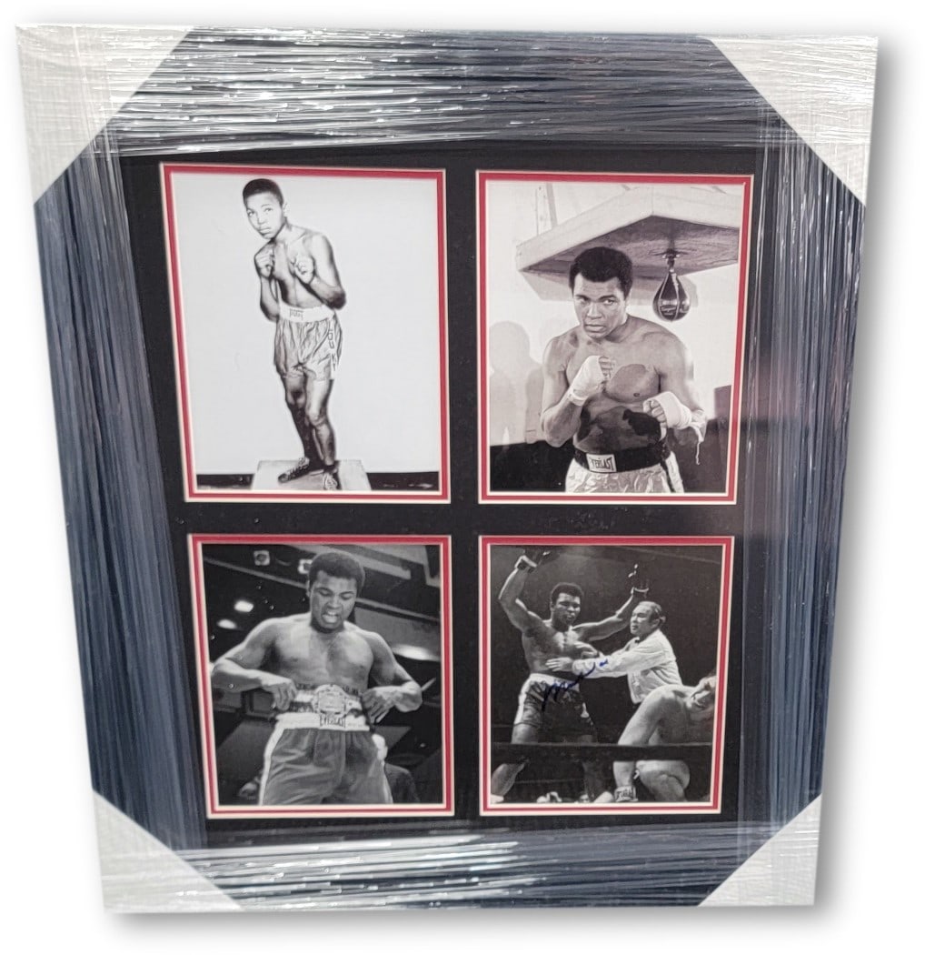 Muhammad Ali Hand Signed Framed 8x10 Photo with 3 Extras JSA: Muhammad Ali Hand Signed Framed 8x10 Photo with 3 Extras JSA This stunning framed display features an authentic hand-signed 8x10 photograph of boxing legend Muhammad Ali, accompanied by three addition