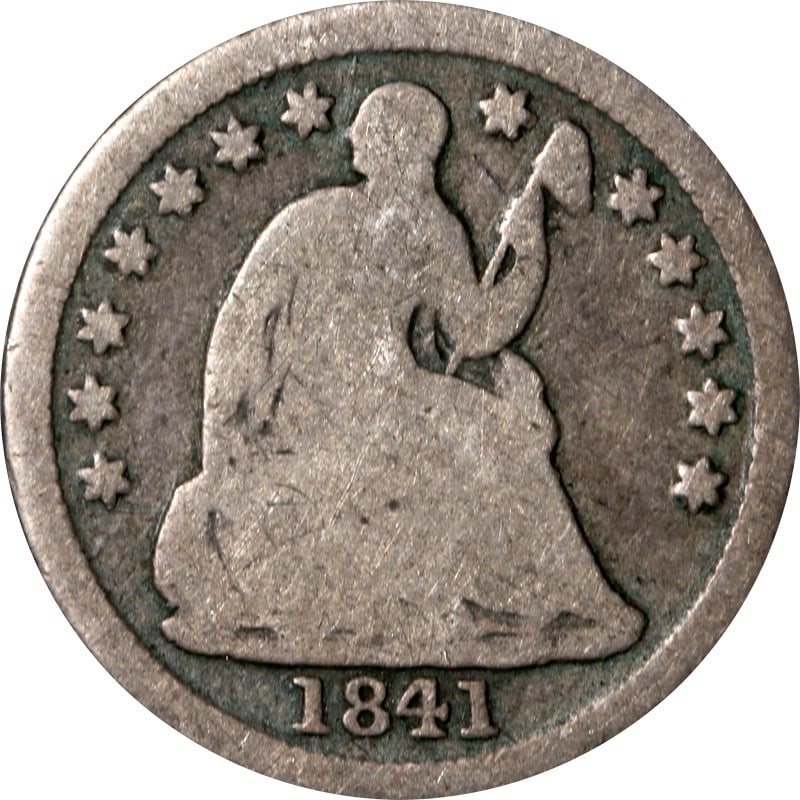 1841 Philadelphia Mint Seated Liberty Half Dime Silver Coin: 1841 Philadelphia Mint Seated Liberty Half Dime Silver Coin This is an 1841-P Seated Liberty Half Dime. The coin is composed of silver with a fineness of 0.9 and was minted in Philadelphia. It is a ci