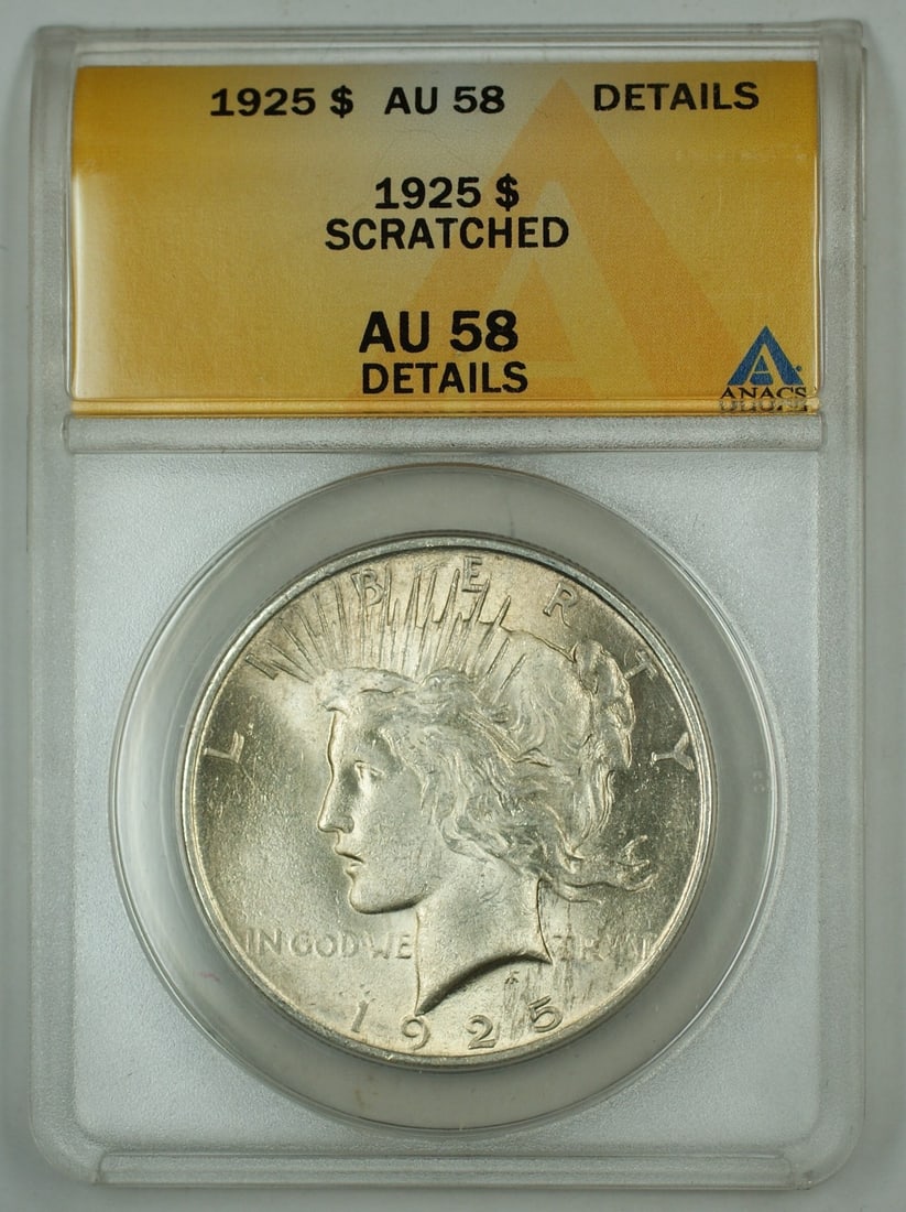 1925 Peace Dollar Silver Coin ANACS AU 58 Details Philadelphia: 1925 Peace Dollar Silver Coin ANACS AU 58 Details Philadelphia This 1925 Peace Silver Dollar coin is certified by ANACS with an AU-58 Details grade. The coin was minted in Philadelphia and is composed
