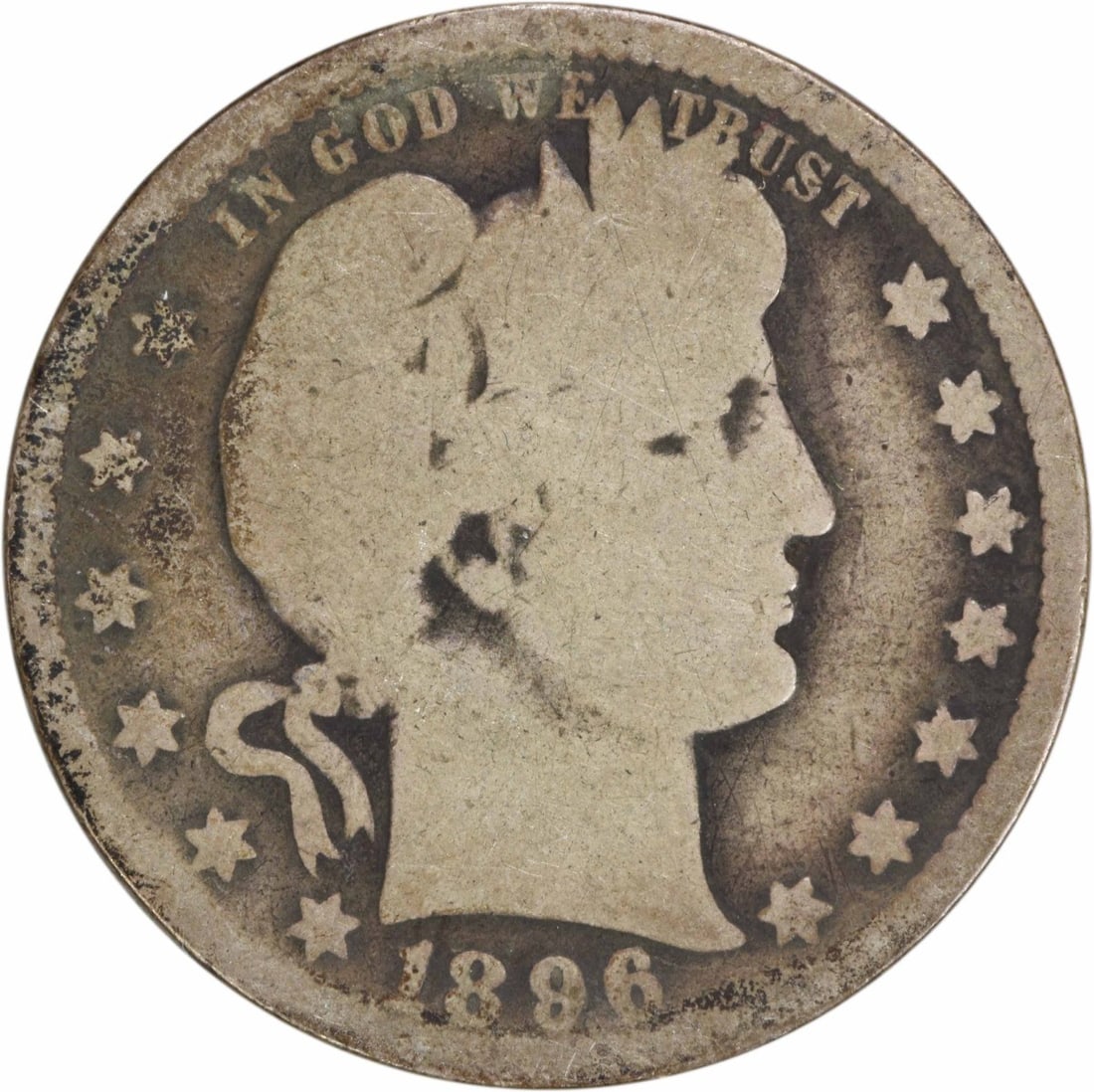 1896-O Barber Silver Quarter 25C Circulated Uncertified: 1896-O Barber Silver Quarter 25C Circulated Uncertified This 1896-O Barber Silver Quarter features the classic design by Charles E. Barber, embodying a rich history from the United States. This coin i