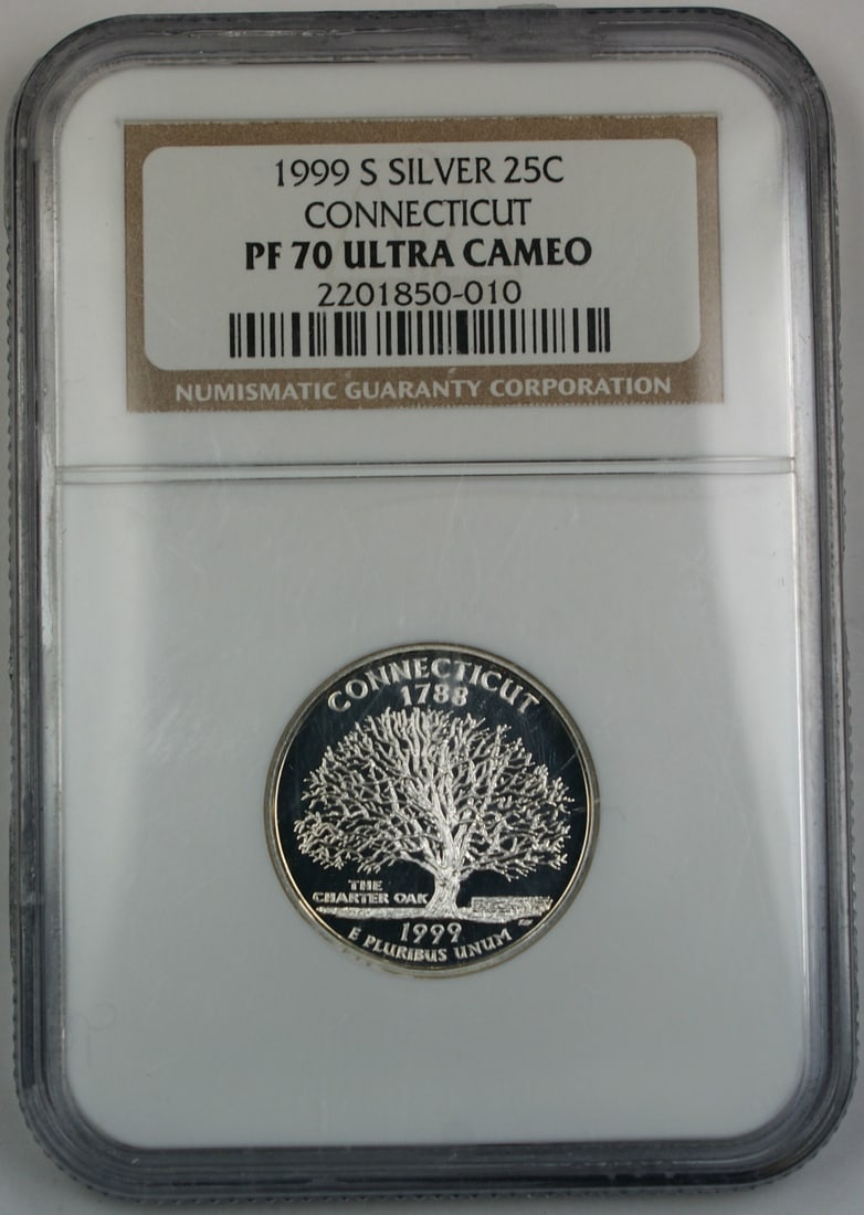 Connecticut 1999-S Silver Proof Quarter NGC PR70 UC Statehood Series: Connecticut 1999-S Silver Proof Quarter NGC PR70 UC Statehood Series This 1999-S Connecticut Statehood Quarter is a proof coin struck in San Francisco from 90% silver. It is certified by NGC with a gr