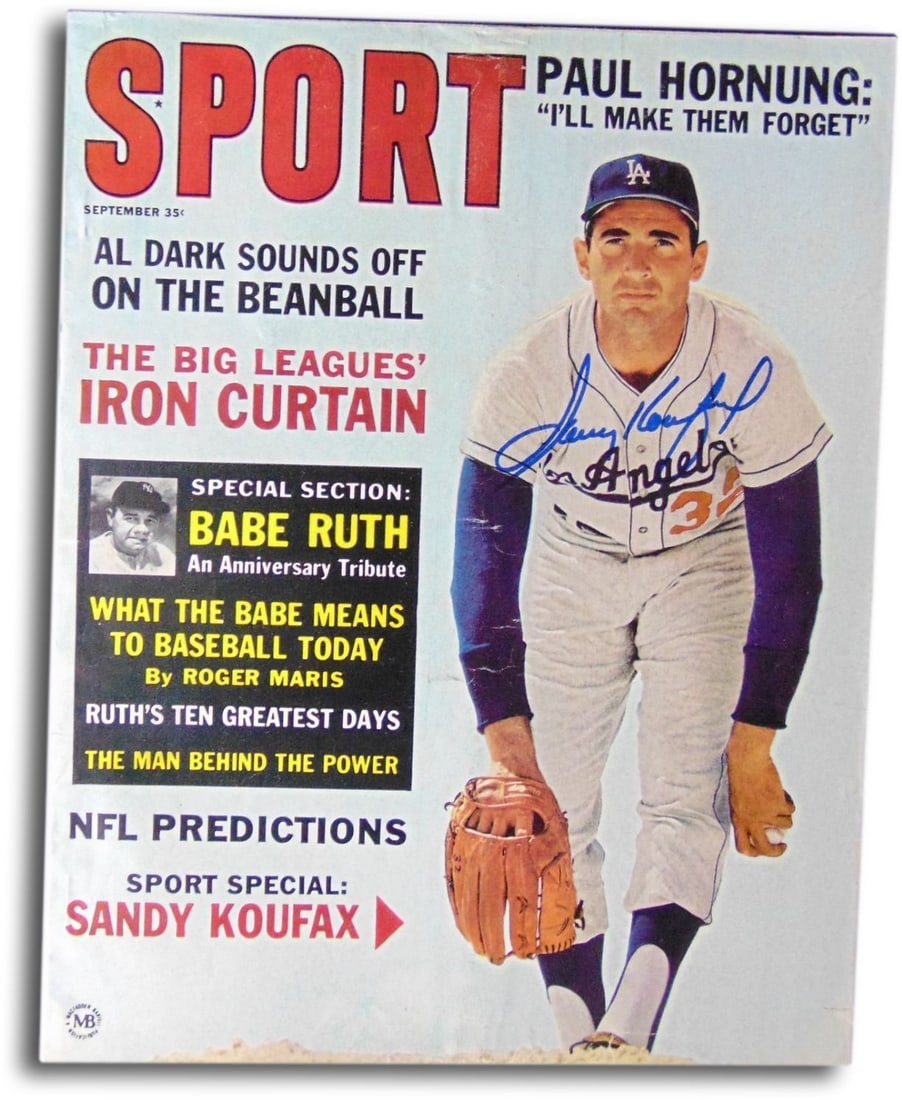 Sandy Koufax Autographed 1963 Sport Magazine Dodgers JSA Certified: Sandy Koufax Autographed 1963 Sport Magazine Dodgers JSA Certified This is an original 1963 Sport magazine featuring Sandy Koufax, the legendary pitcher of the Los Angeles Dodgers. The magazine is aut