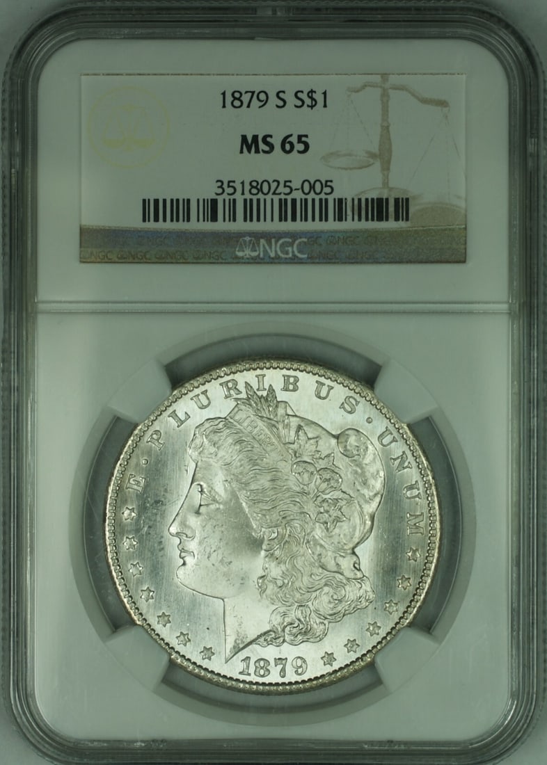 NGC MS-65 1879 San Francisco Morgan Dollar 90 Percent Silver Coin: NGC MS-65 1879 San Francisco Morgan Dollar 90 Percent Silver Coin This 1879-S Morgan Silver Dollar is an uncirculated $1 coin from the United States, minted in San Francisco. Graded MS-65 by NGC, it i