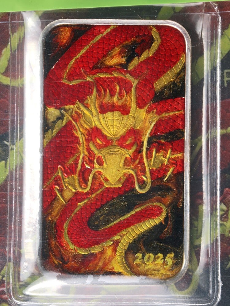 2025 Australia 1 Ounce Silver Dragon Bar Hand Enameled UNCERTIFIED: 2025 Australia 1 Ounce Silver Dragon Bar Hand Enameled UNCERTIFIED This stunning 2025 Australia 1 Ounce Silver Dragon Bar features exquisite hand enameling and is composed of .999 fine silver. The bar