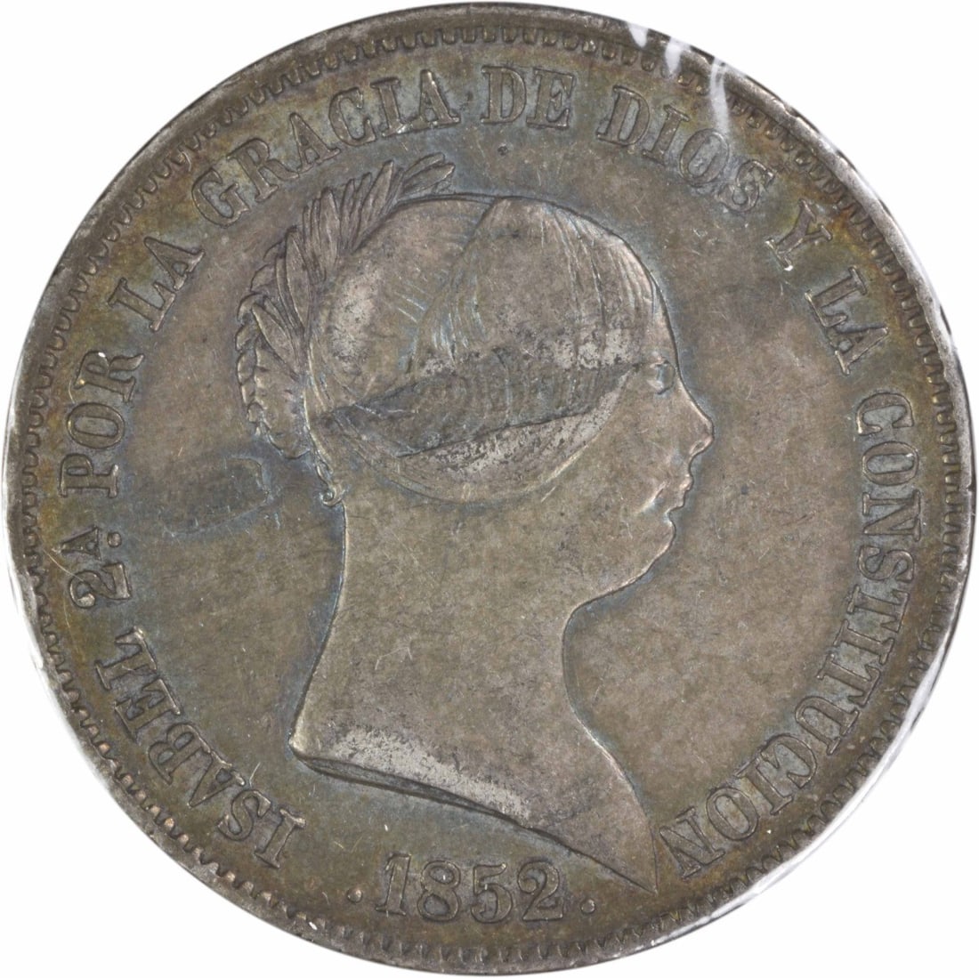 Spain 1852 Silver 20 Reales KM593.3 Extra Fine Uncertified Coin: Spain 1852 Silver 20 Reales KM593.3 Extra Fine Uncertified Coin This 1852 20 Reales coin from Spain is composed of silver and features the KM number 593.3. The coin is in circulated condition and has