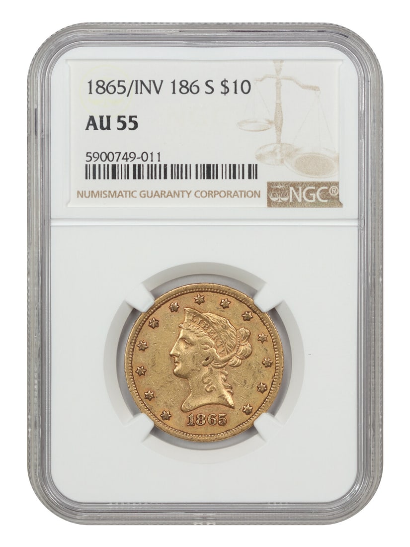 1865-S $10 Liberty Head Gold Coin NGC AU55 Rare Inverted 186 Variety: 1865-S $10 Liberty Head Gold Coin NGC AU55 Rare Inverted 186 Variety This 1865-S $10 Liberty Head gold coin is certified by NGC with an AU55 grade, indicating it has been circulated but retains excell