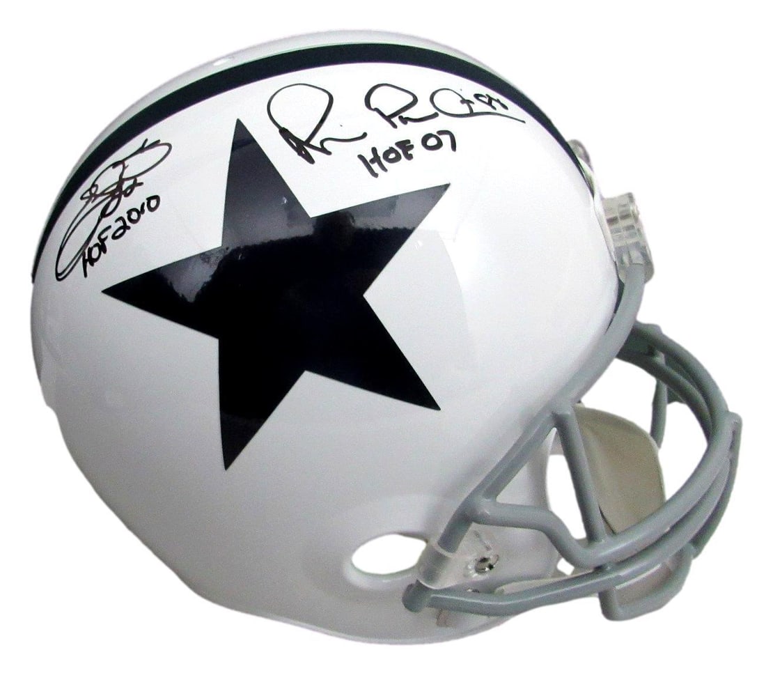 Emmitt Smith Michael Irvin Dual Signed Cowboys Replica Helmet Beckett Authenticated: Emmitt Smith Michael Irvin Dual Signed Cowboys Replica Helmet Beckett Authenticated This item features a full-size replica helmet signed by football legends Emmitt Smith and Michael Irvin, both promin