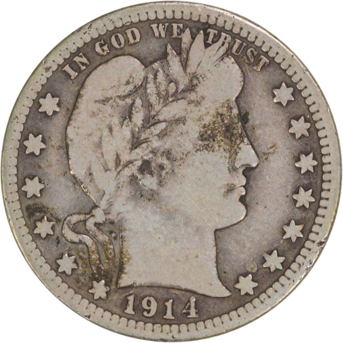 1914 San Francisco Barber Quarter 90 Percent Silver Uncertified: 1914 San Francisco Barber Quarter 90 Percent Silver Uncertified This is a 1914-S Barber Quarter from the United States, minted in San Francisco. The coin is circulated and uncertified, featuring a com